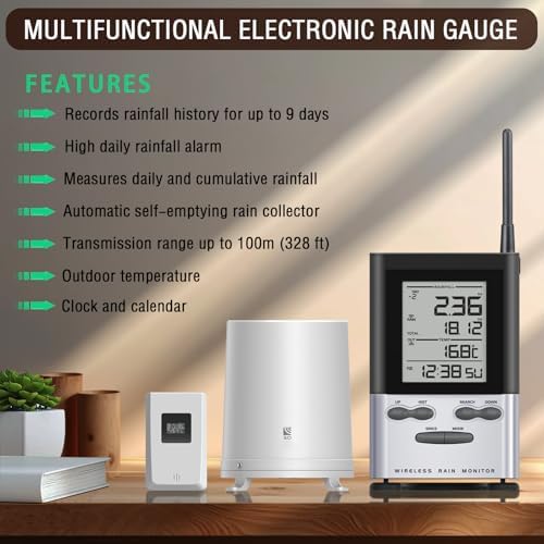 Wireless Rain Gauge Outdoor with Thermometer, Digital Rain Gauges Outdoors Best Rated with Self-Emptying & Freeze Proof, Accurate Remote Rain Measure Gauge, Automatic Outside Rain Gauge for Yard