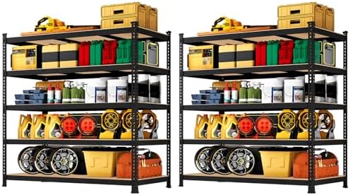 48" W x 24" D x 72" H Garage Shelving Heavy Duty: 5 Tier Metal Storage Shelves - Adjustable Shelving Unit, Utility Rack Shelf for Pantry, Warehouse, Office, Kitchen, Black, 2PCS