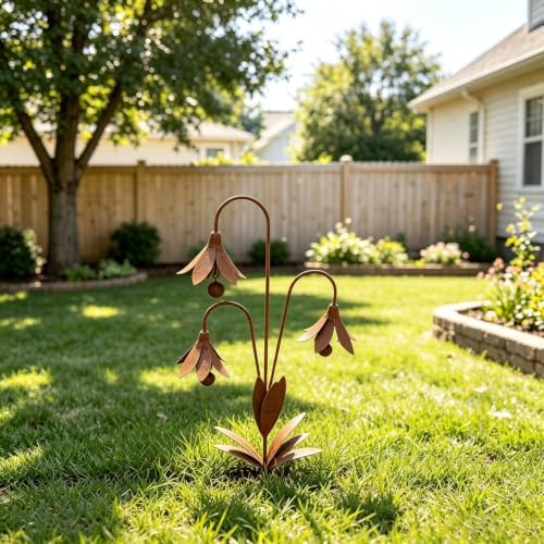 Triple Bluebells Garden Stake with Bell, Durable Metal Flower Outdoor Yard