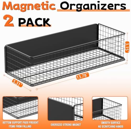 ULIBERMAGNET Magnetic Baskets Fridge Organizers, Large Capacity Metal Wire Mesh Basket Spice Rack for Fridge Storage, Magnetic Shelf for Garage, Laundry, Kitchen, Workshop, Cabinet(2 Pack)