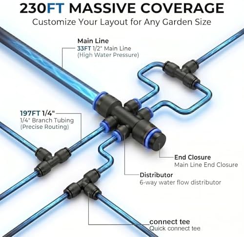 Drip Irrigation Kit – 230FT Automatic Garden Watering System with Quick-Connect 1/4" & 1/2" Fast-Lock Tubing, Adjustable Nozzles & Sprinklers for Greenhouse, Lawn, Potted Plants