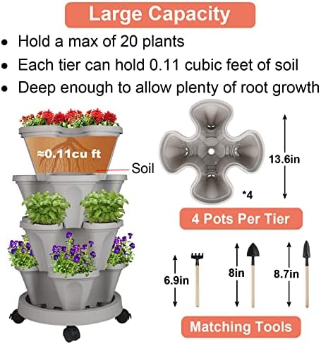 GameXcel Vertical Planter Tower - 4 Tier Stackable Garden Planters with Wheels and Tools Plant Pots for Strawberry Herb Flower and Vegetable Indoor Outdoor Use Gray 2 Pack
