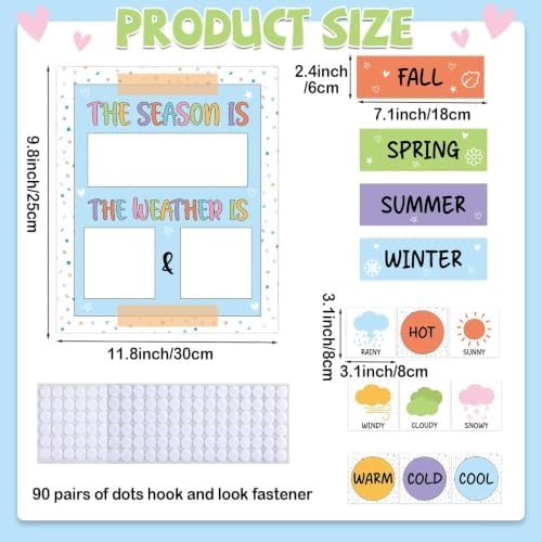 Pastel Watercolor Season and Weather Calendar Bulletin Board Season Calendar Posters with Weather Cards Hook and Loop Dots for Classroom Wall Decor Preschool Kindergarten Student Teacher Supplies