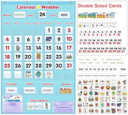 Morning Board Calendar for Toddlers - Preschool Learning Wall Chart for Classroom & Homeschool Interactive Educational Calendar with Pockets for Weather, Days of The Week, Seasons (Light Blue)