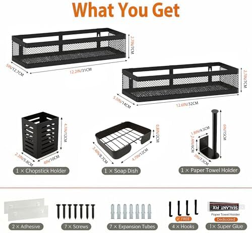 PUSDON 5-in-1 Wide Wall Mount Wrapped Mesh Kitchen Organizer & Shower Caddy Kit, with Paper Towel Holder, Utensil Holder, Soap Dish, Heavy Duty 50LBS - Matte Black, Netting