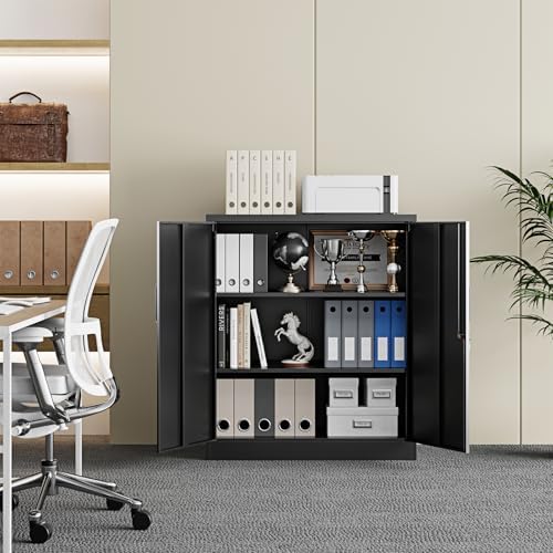 Yizosh Metal Garage Storage Cabinet with 2 Doors and 2 Adjustable Shelves - 35.5" Steel Lockable File Counter Cabinet for Home Office,Garage,Gym,School（Black） (Pack of 2)