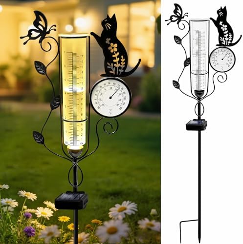 YJFWAL Metal Cat Solar Rain Gauge Outdoor with LED Light and Thermometer