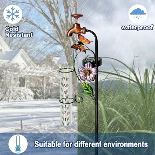 Decorative Rain Gauge Garden Stake with Butterfly and Flower Design, Copper Faucet Style, Metal Garden Decor