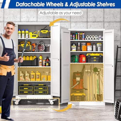 GAIOUS Metal Garage Storage Cabinet with Lock, Steel Tool Cabinet with 2 Door and 4 Adjustable Shelves, 71” Tall Lockable File Cabinet with Wheels, Rolling Cabinet for Home Office Garage Gym - White