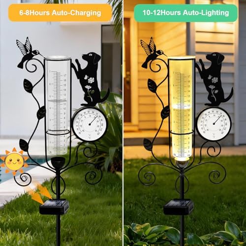 YJFWAL Metal Dog Solar Rain Gauge Outdoor with LED Light and Thermometer