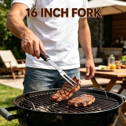 Grilling Accessories - 16 Inch Extra Long BBQ Accessories Grill Gifts for Men, Barbecue Grilling Tools Utensils Set with Spatula, Fork, Brush, Tongs, Thermometer