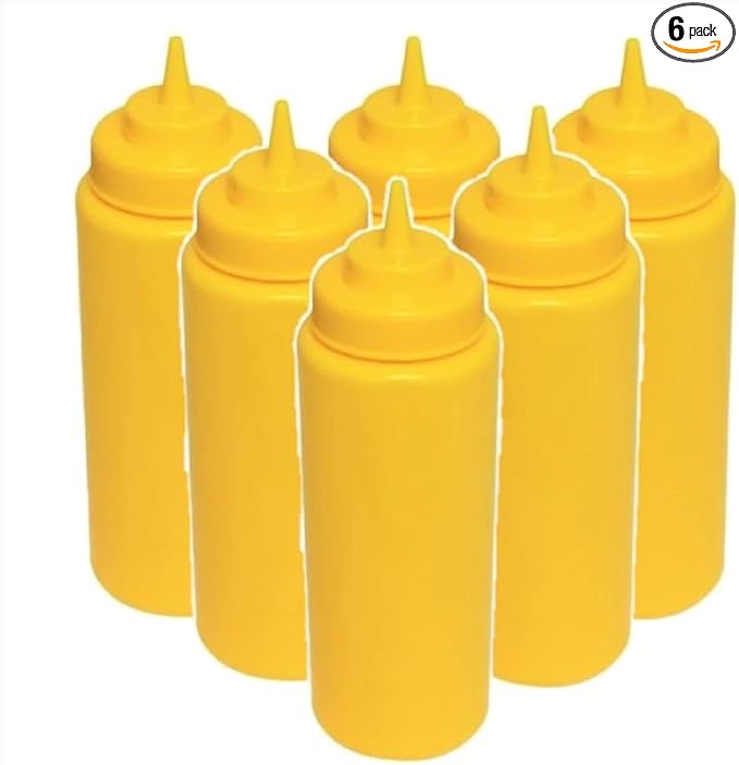 TrueCraftware- 32 oz Yellow Squeeze Condiment Wide Mouth Dispensing Bottles Set of 6- Plastic Squeeze Bottle For Sauces Spreads Ketchup Mustard Mayo Hot sauces and Olive oil