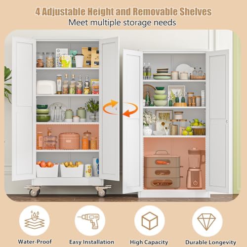 71" H Metal Pantry Storage Locker Cabinet with Wheels,Rolling Kitchen Pantry Cabinet with 2 Doors and 4 Adjustable Shelves, Lockable Steel Garage Tool Cabinet Organization for Home,Gym,School,White