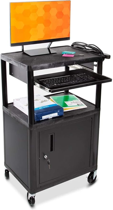 Line Leader Plastic AV Cart with Keyboard Tray and Locking Metal Cabinet, Heavy Duty Mobile Workstation with 4 Rolling Casters, 2 Locking Brakes, Heavy Duty, Holds up to 75 lbs (42 Inch w Cabinet)