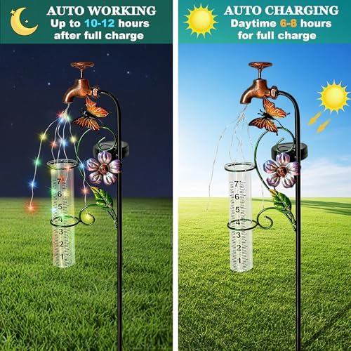 Decorative Rain Gauge Garden Stake with Butterfly and Flower Design, Copper Faucet Style, Metal Garden Decor