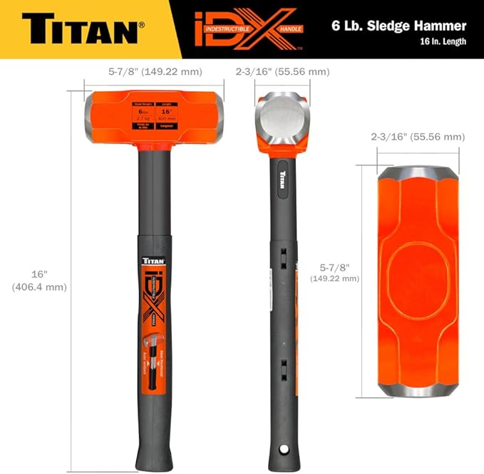 Titan iDX 63616 6lb Sledge Hammer with 16" Indestructible Handle Reinforced with Steel Locking Plates & Steel Bars, Vulcanized Rubber Grip, Overstrike Protection