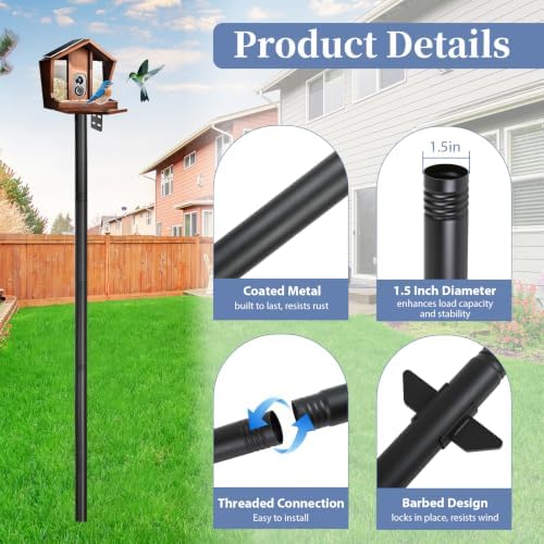 Bird Feeder Pole Heavy Duty 93.5" Tall, Rustproof Metal Birdhouse Pole with Barbed Spike, Tool-Free Threaded Assembly & Adjustable Height 32"-93.5" for Outdoor Birdhouse or Feeder