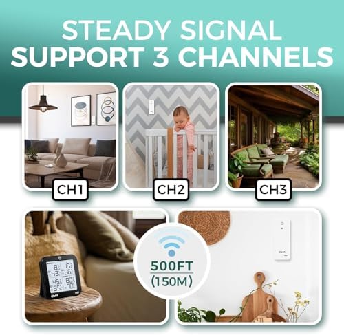 OBET Weather Station Wireless Indoor Outdoor Thermometer Wireless, Digital Temperature and Humidity Monitor with 3 Sensors, Adjustable Backlight, USB Port (500 Feet)