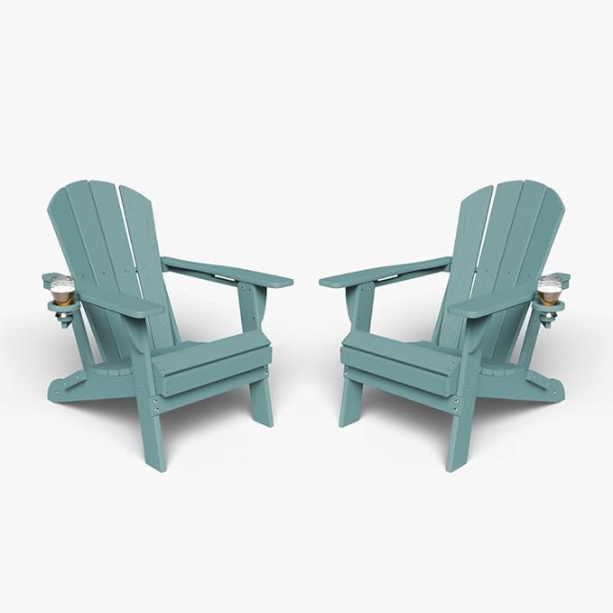 Folding Adirondack Chair with Cup Holders Set of 2, HDPE Plastic Outdoor Chairs, Weather Resistant, Real Wood Look for Patio, Deck, Fire Pit, Backyard, Aruba Blue