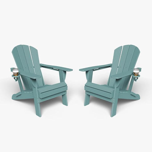 Folding Adirondack Chair with Cup Holders Set of 2, HDPE Plastic Outdoor Chairs, Weather Resistant, Real Wood Look for Patio, Deck, Fire Pit, Backyard, Aruba Blue