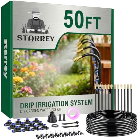 Drip Irrigation System, 2026-Upgrade 50Ft 1/4" Garden Watering System with 12 Pcs 360° Adjustable Copper Nozzles, DIY Kit for Garden, Lawn, Greenhouse, Raised Beds & Outdoor Plants