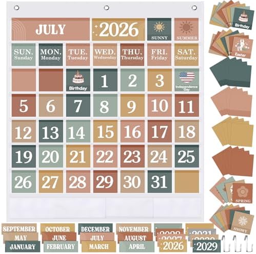 Sinload Classroom Calendar Pocket Chart White, Modern Boho