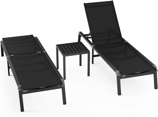 Aluminum Patio Chaise Lounge Chair Set of 2 with Side Table,5-Position Adjustable Backrest,Foldable Lounge Chair Outdoor,Pool Lounge Chairs for Poolside,Lawn,Deck,Beach (Black, 2 Pack+Table)