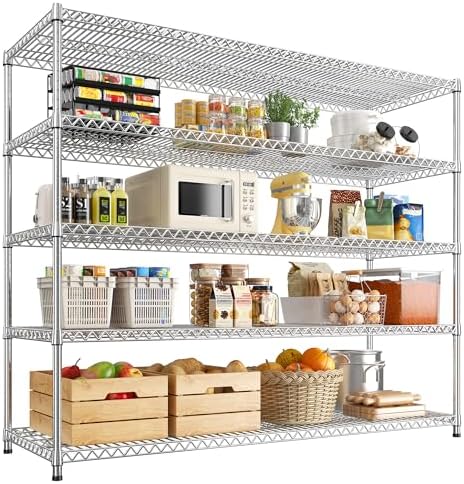 REIBII 55.5" W Storage Shelves 3200LBS Metal Shelving 5 Tier Wire Shelving Garage Shelving Heavy Duty Metal Shelves for Shelving Unit Commercial Adjustable Shelf, 55.5" W X 18''D X 71" H，Chrome