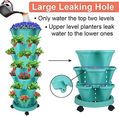 DUNCHATY Stackable Planter, Vertical Garden Planter with Wheels and Tools, Self Watering Strawberry Planter Indoor/Outdoor 7 Tier Herb Planter Pots for Growing Vegetables and Succulents, Teal
