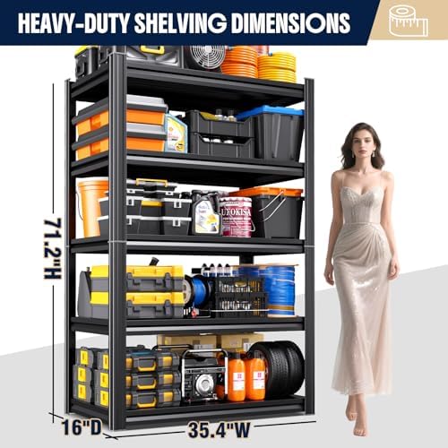 Set of 3 Heavy Duty Garage Shelving Unit, 71.2" H x 35.4" W x 16" D, 5-Tier Adjustable Storage Shelves for Garage Storage, Standing Shelf Unit & Shelves Organizer for Home, Warehouse, Workshop