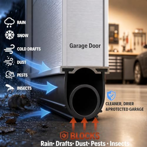 Garage Door Seals Bottom Rubber - 16.5Ft EPDM Weatherproof Weather Stripping for 5/16" T-End Garage Doors, Blocks Drafts/Rain/Rodents, Noise-Reducing & Energy Saving