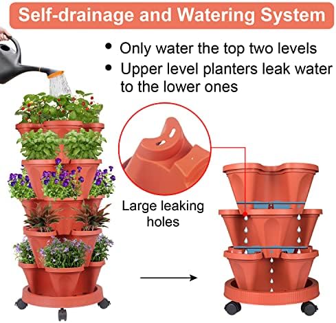 GameXcel Vertical Planter Tower - 5 Tier Stackable Garden Planters with Wheels and Tools Plant Pots for Strawberry Herb Flower and Vegetable Indoor Outdoor Use Red