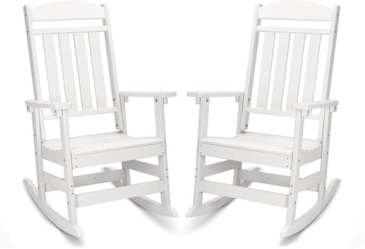 FOOWIN Patio Rocking Chairs Set of 2,HDPE High Back Porch Rocker,All Weather Resistant Poly Lumber Outdoor Porch Rocker, Rocking Chairs for Outdoor, Indoor, Patio, Deck, Garden White