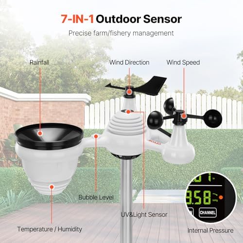VEVOR 7-in-1 Wireless Weather Station, 7.5 in Color Display, Digital Weather Station Indoor Outdoor, for Temperature Humidity Wind Speed/Direction Rain UV, with Forecast Data, Alarm, Alerts-NO WiFi