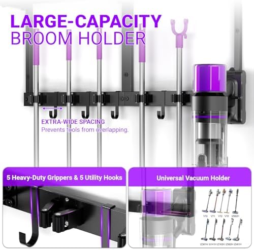Heavy Duty Broom Holder Wall Mount, All-Metal Mop Rack with Storage Shelves