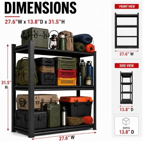 Garage Shelving, 1800 LBS Heavy Duty Metal Storage Shelves, 3-Tier Adjustable Storage Rack for Garage, Basement, Warehouse, 27.6" Wx 13.8" Dx 31.5" H