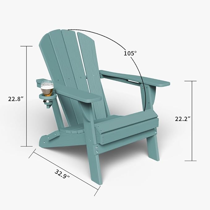 Folding Adirondack Chair with Cup Holders Set of 2, HDPE Plastic Outdoor Chairs, Weather Resistant, Real Wood Look for Patio, Deck, Fire Pit, Backyard, Aruba Blue