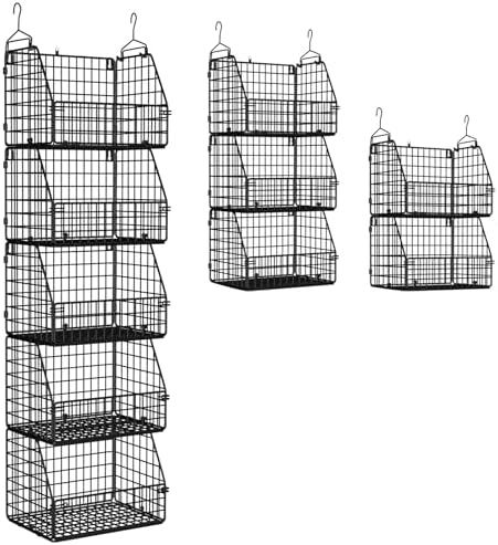 PUPPYCUTE Stackable Wire Storage Baskets for Kitchen Closet Pantry, Hanging Closet Organizers Storage Shelves Organization, Wall Mount Metal Basket Bins, Clothing Vegetable & Fruit Organizer 5 pcs