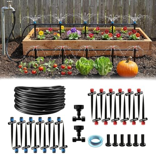 118FT Drip Irrigation System, Garden Watering System, Quick-Connect Drip Irrigation Kit for Lawn Raised Bed Greenhouse, Plant Watering System with 1/4'' Drip IrrigationTubing, Drip Emitters,Connectors