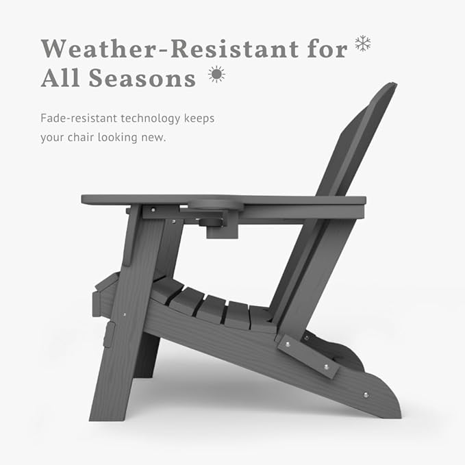 Folding Adirondack Chair with Cup Holders, HDPE Plastic Outdoor Chairs, Weather Resistant, Real Wood Look for Patio, Deck, Fire Pit, Backyard, Gray