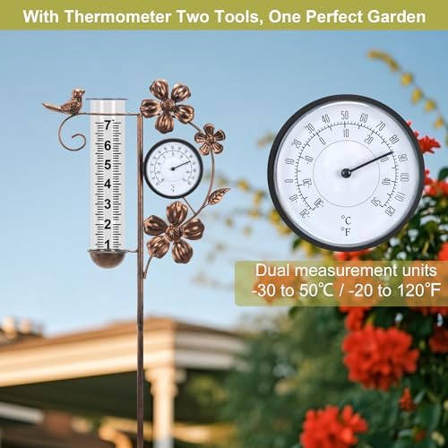 shumi Rain Gauge Outdoor with Thermometer, Decorative Bird Rain Gauge