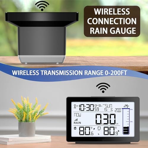 Wireless Rain Gauge Outdoor, Self-Emptying Digital Rain Gauges Outdoors Best Rated, Electronic Rain Measure Gauge for Yard, Freeze Proof Rain Gauge with Thermometer, Remote Rain Meter for Garden