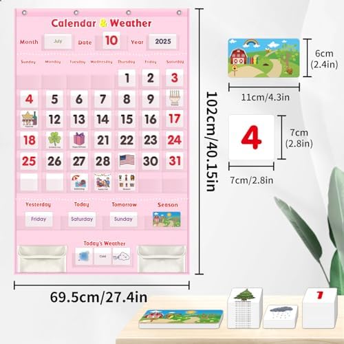 Interactive Calendar for Kids - Learning Calendar Wall Chart with Daily Weather, Seasons for Toddlers Preschool - Homeschool Classroom Must Haves Supplies for Circle Time Morning Board (Pink)