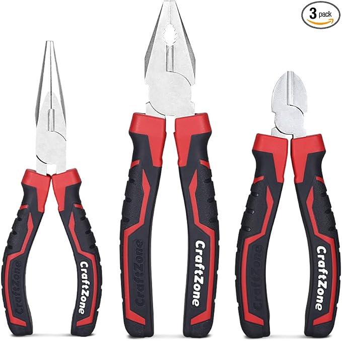 3-Piece Pliers Set –Linemans Plier 6" Long Nose 6" Diagonal Cutters & 8" Combination Plier Heavy Duty Carbon Steel Tool Sets for Home Repair Professional Use Outdoor & Ergonomic Soft Grip