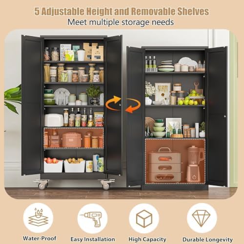 75" H Metal Pantry Storage Locker Cabinet with Wheels,Rolling Kitchen Pantry Cabinet with 2 Doors and 5 Adjustable Shelves, Lockable Steel Garage Tool Cabinet Organization for Home,Gym,School,Black