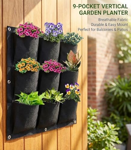 WFIST Vertical Hanging Planter Bag, Breathable Felt Wall Garden Planter with Metal Grommets, Indoor/Outdoor Space-Saving Herb & Flower Growing Pouch (9-Pocket)