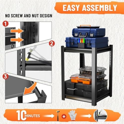 22''H Metal Garage Shelving, 2-Tier Heavy Duty Shelving Unit, Adjustable Garage Storage Shelves, Utility Rack Shelf for Industries, Warehouses, Basement(Black, 22''H*16''W*10''D, 2 Tier)