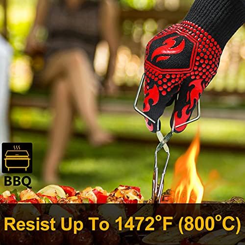 QUWIN BBQ Gloves, Oven Gloves 1472℉ Extreme Heat Resistant, Grilling Gloves Silicone Non-Slip Oven Mitts, Kitchen Gloves for BBQ, Grilling, Cooking, Baking-1 Pair… (One Size(Long Cuff), Red)