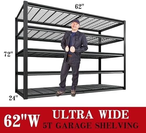 5-Tier Heavy Duty Garage Shelving, 5,000 lbs Capacity Adjustable Metal Storage Shelving Unit for Garage, Basement, Warehouse & Workshop, 62" W x 24" D x 72" H