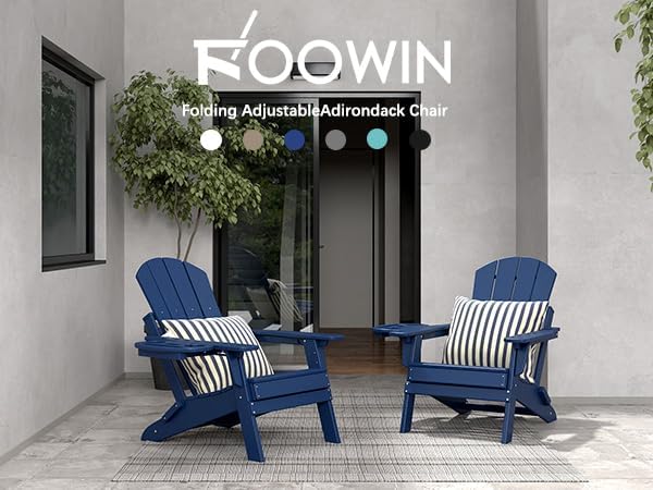 FOOWIN Folding Adjustable Adirondack Chair Set of 6,HDPE Adirondack Chair w/4 in 1 Cup Holder Trays,All-Weather Resistant Fire Pit Chair, Outdoor Chair for Patio Lawn Poolside,400lbs,Navy Blue